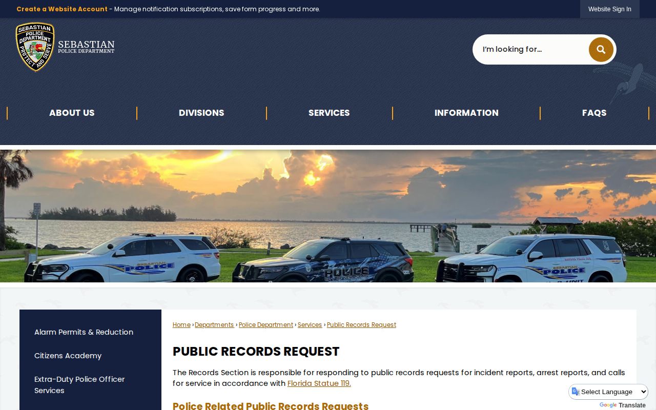 Sebastian Police public records request page for arrest records