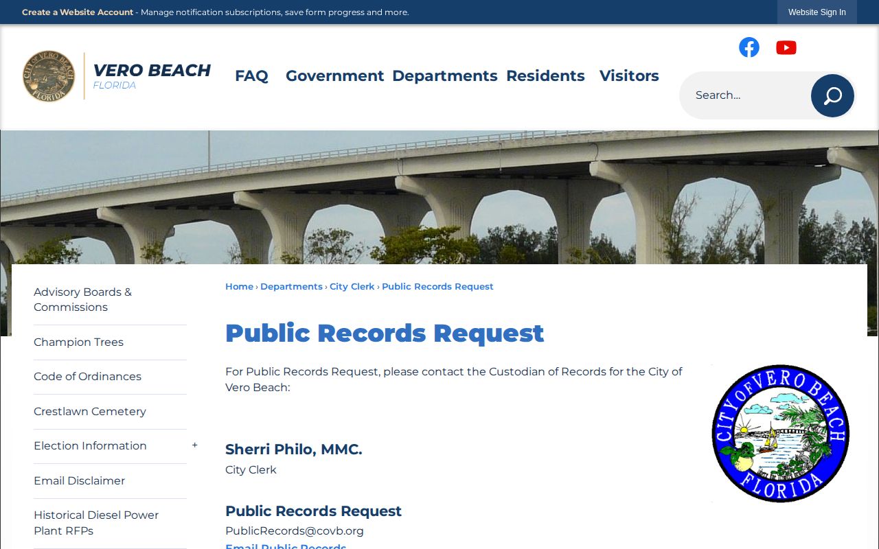 Vero Beach public records request page for police arrest reports